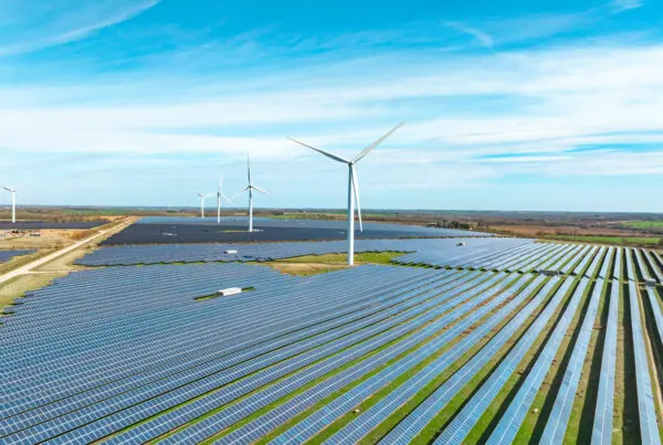 Wind turbines and solar panels at a renewable energy site